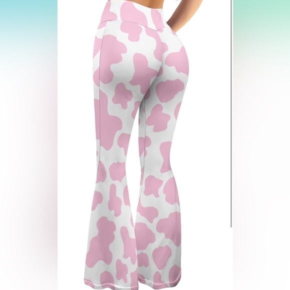 Pink and White Cow Print Flare Leggings - Picture 3 of 5
